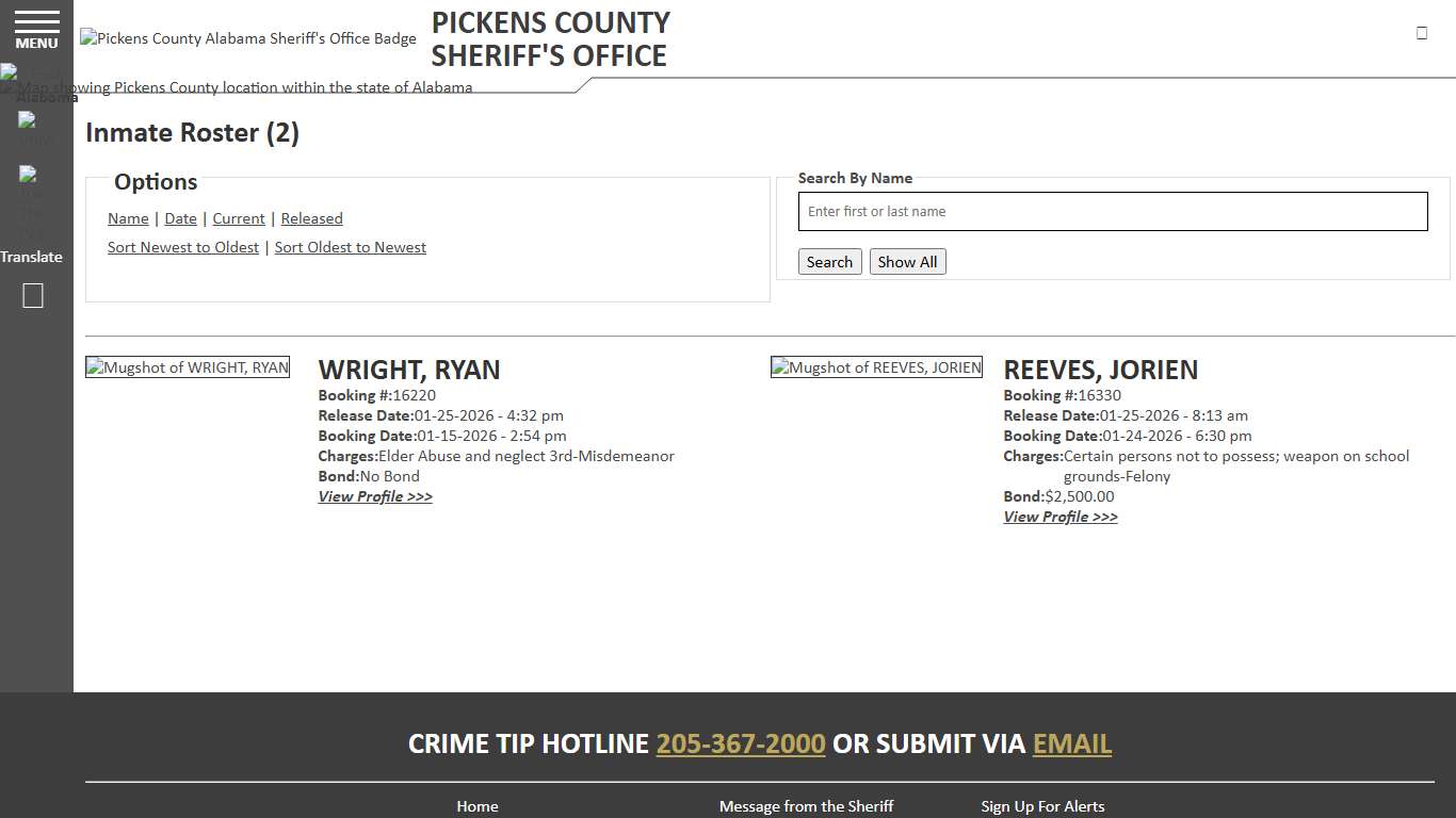 Inmate Roster - Released Inmates Booking Date Descending - Pickens County Alabama Sheriff's Office