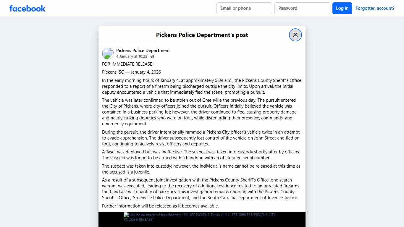 FOR IMMEDIATE RELEASE... - Pickens Police Department Facebook